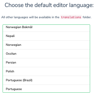 Language selector list.