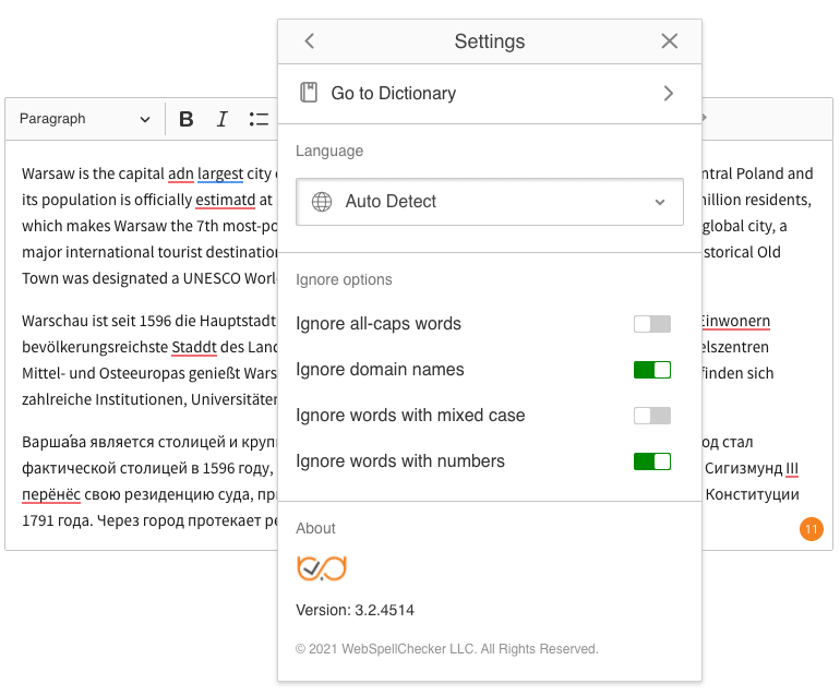 Setting the spell checker dictionary to auto.