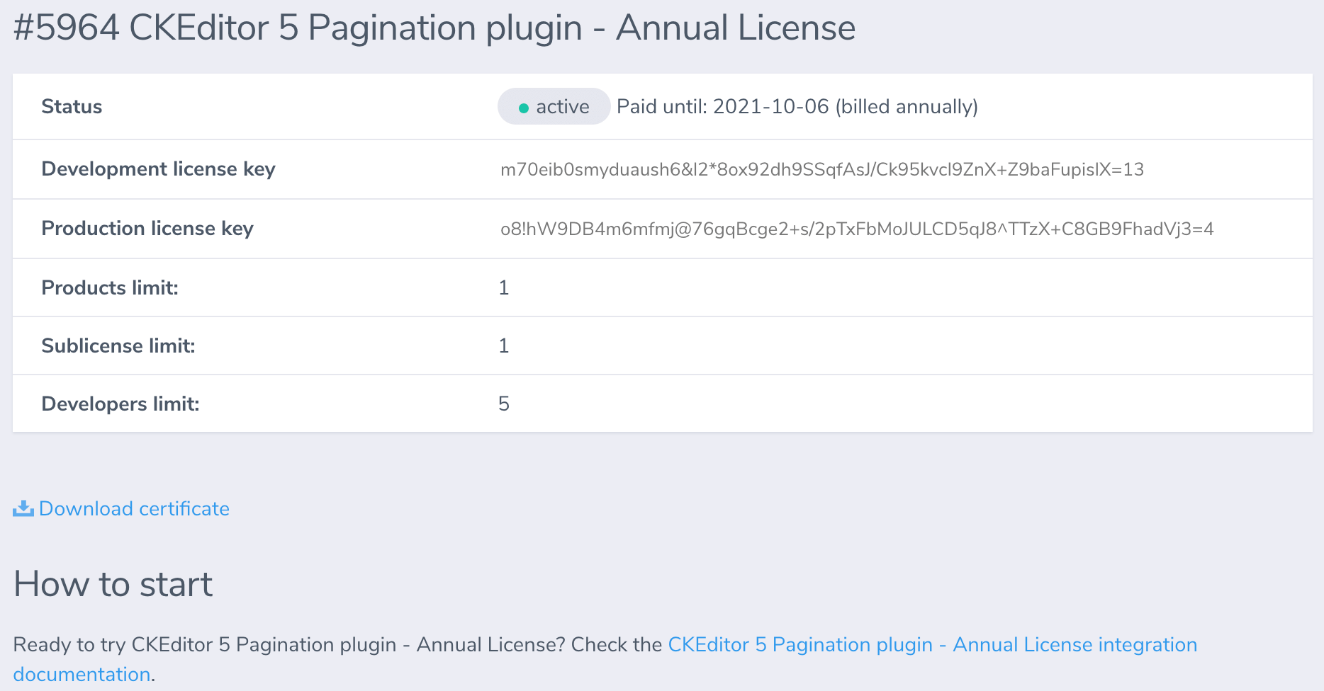 Pagination license key in the management console.