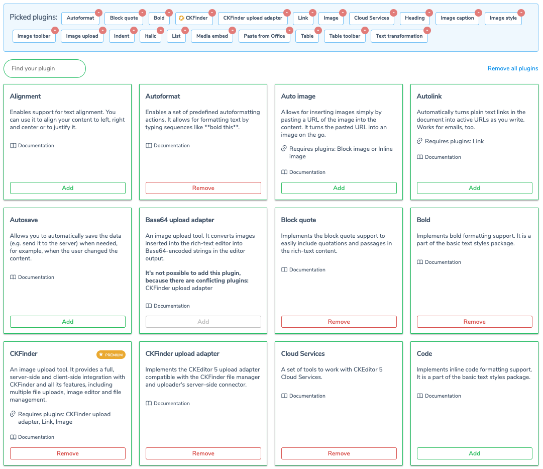 Predefined plugins. Some of the plugins to choose from.